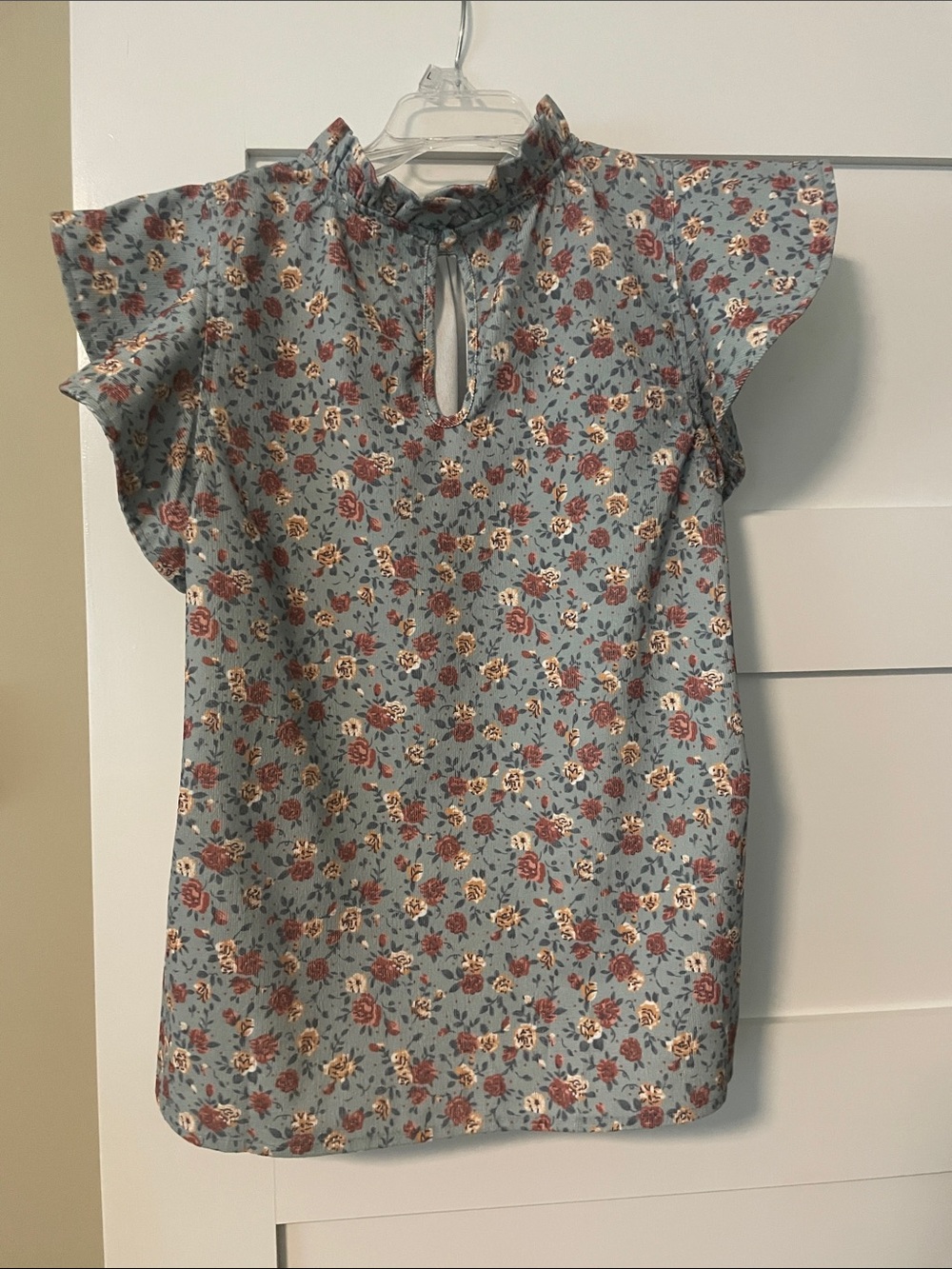 THML Sky Blue Floral Ruffle Neck Blouse with Flutter Sleeves - Picture 5 of 5